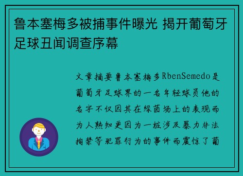 鲁本塞梅多被捕事件曝光 揭开葡萄牙足球丑闻调查序幕
