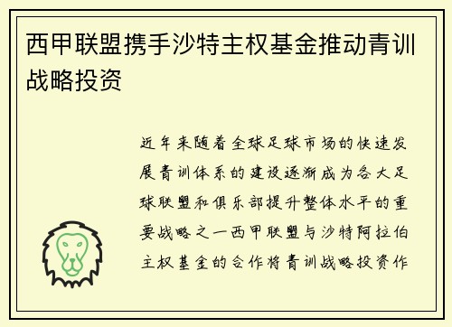 西甲联盟携手沙特主权基金推动青训战略投资