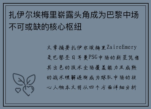 扎伊尔埃梅里崭露头角成为巴黎中场不可或缺的核心枢纽